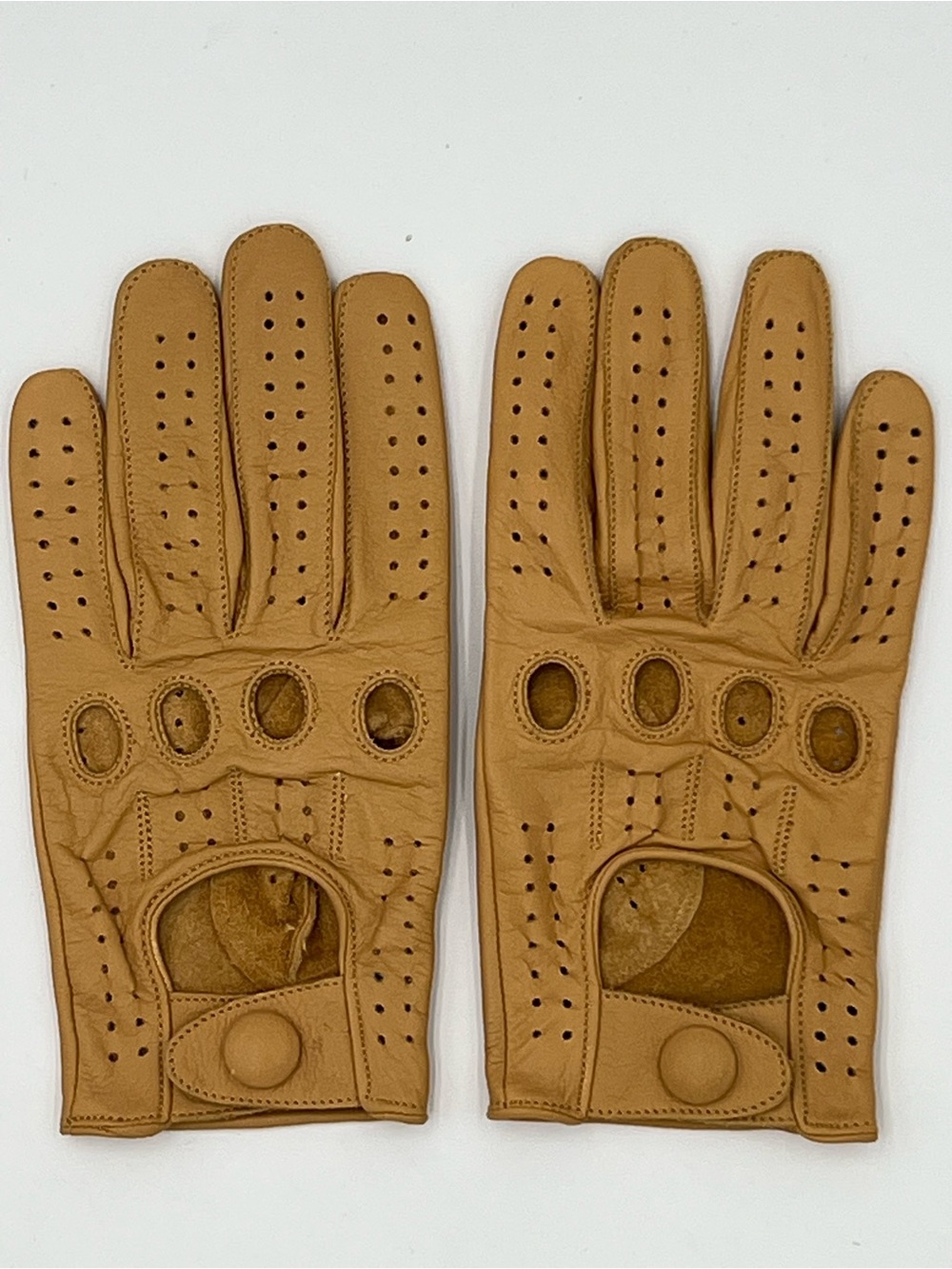 Tan Pebbled Leather Driving Gloves Vintage Snap Style Full Finger Unisex Size M